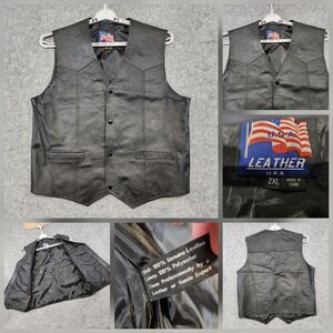 U.S.A. Leather Mens 2XL XXL Black Snap Up Motorcycle Biker Vest‎ Jacket